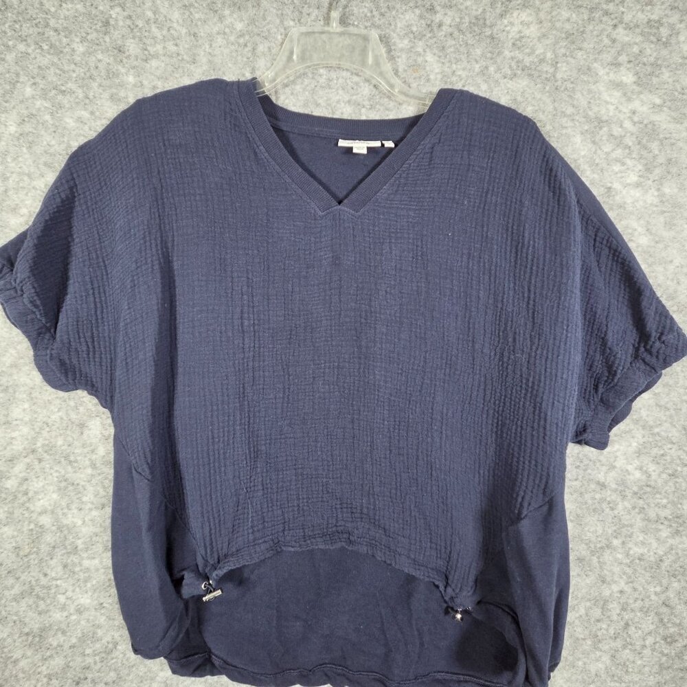 Chico's Women's Knit Top Short Sleeve V Neck Pullover Navy Size L Casual - Picture 2 of 7